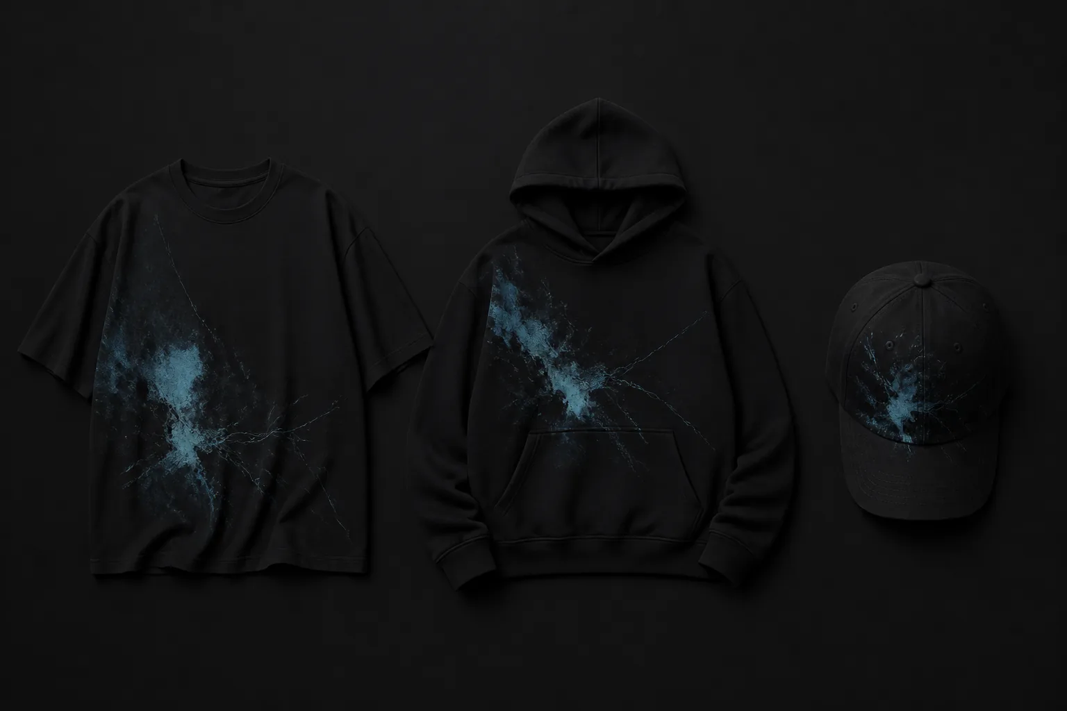 Coordinated black T-shirt hoodie and cap mockups arranged as one clothing brand collection