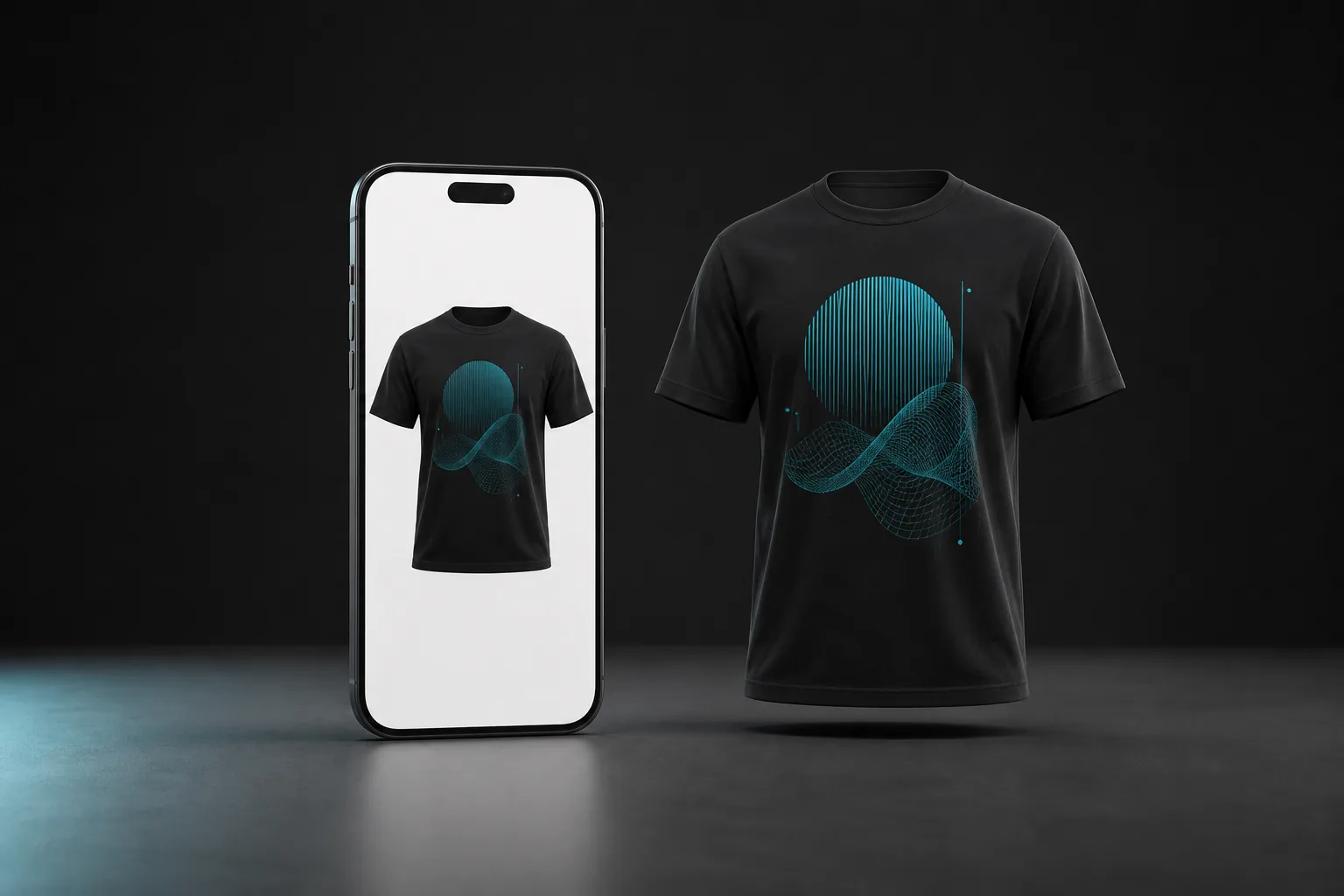 Unbranded smartphone showing a black 3D T-shirt mockup in a minimal dark studio