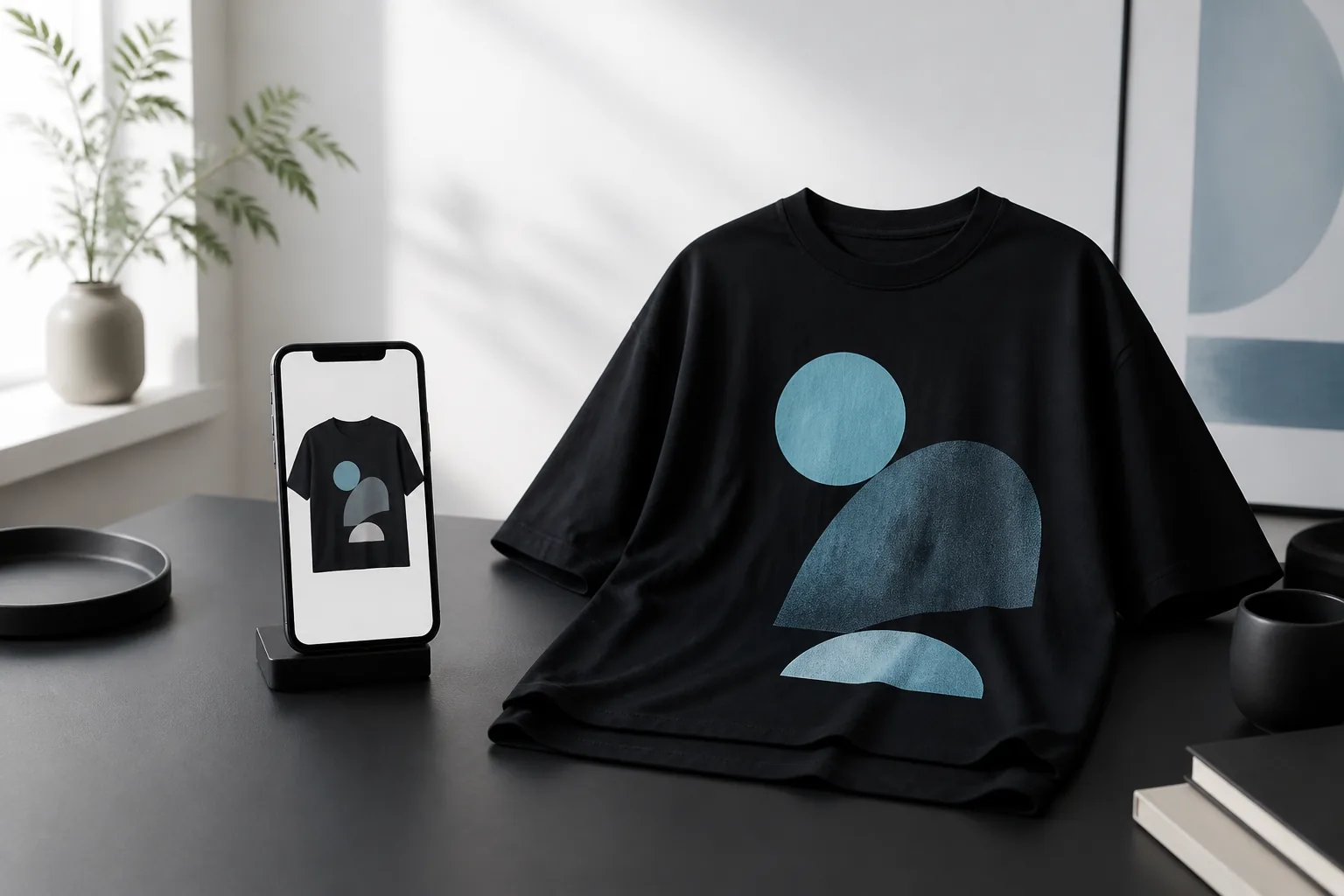 iPhone beside a realistic black 3D T-shirt in a minimal studio workspace