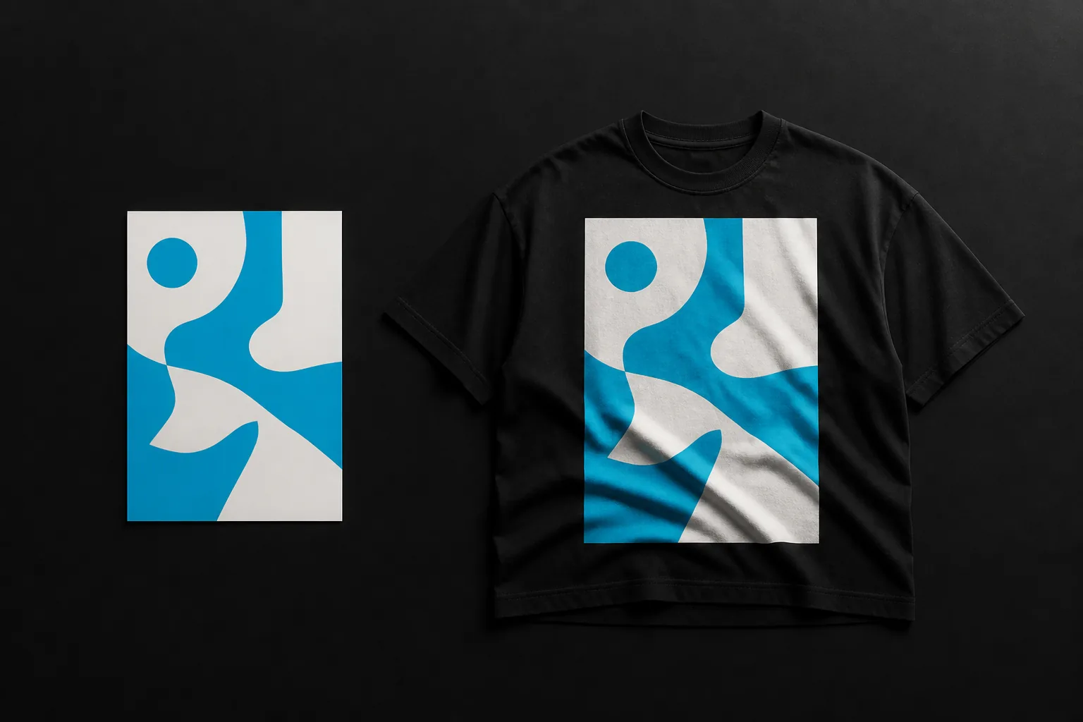 Black 3D T-shirt beside a flat cyan artwork file in a restrained studio scene