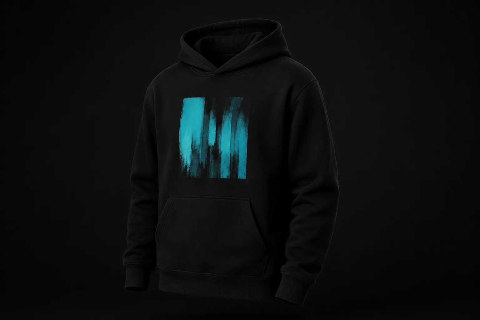 Realistic black hoodie mockup with cyan chest artwork in a quiet studio