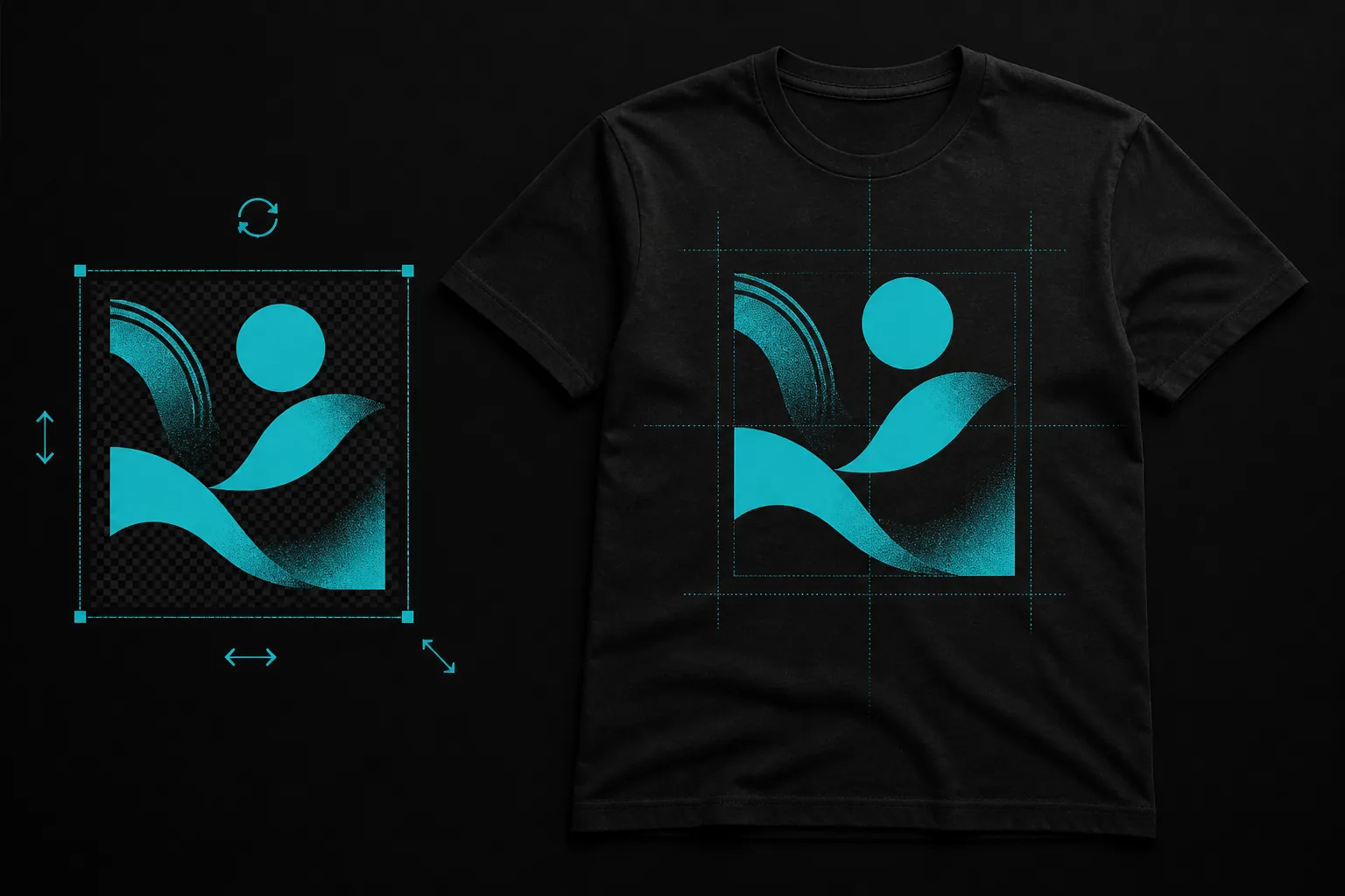 Close studio view of artwork being aligned on the chest of a black 3D T-shirt
